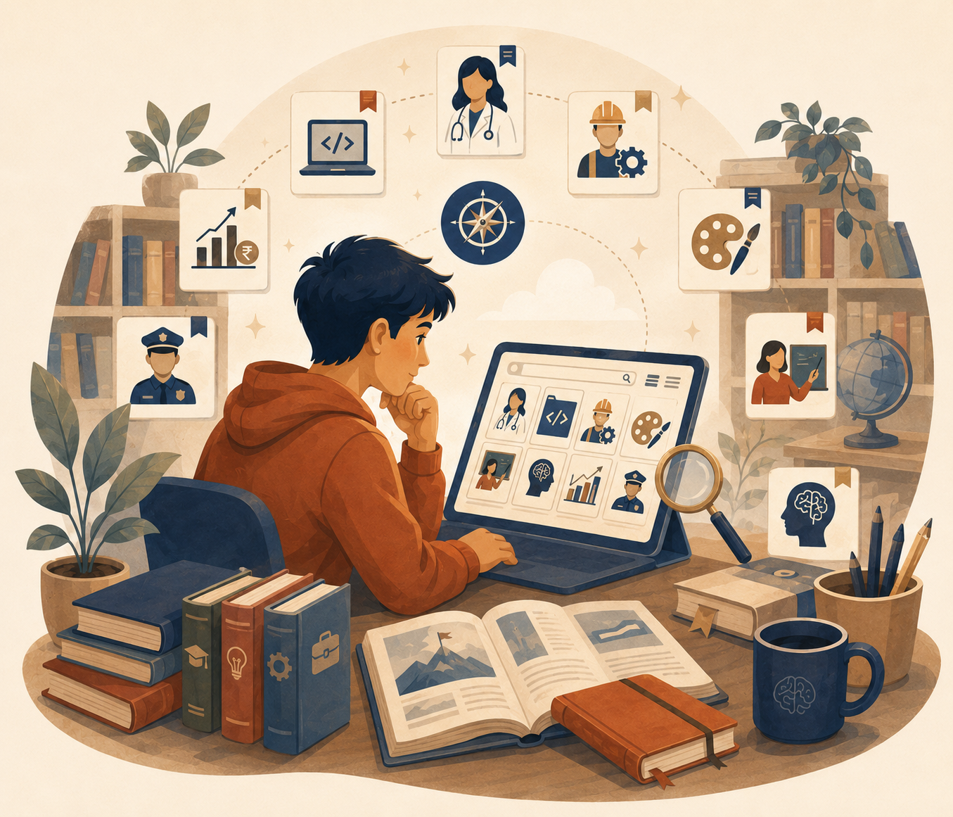 Illustration of a student exploring career paths in the Career Library